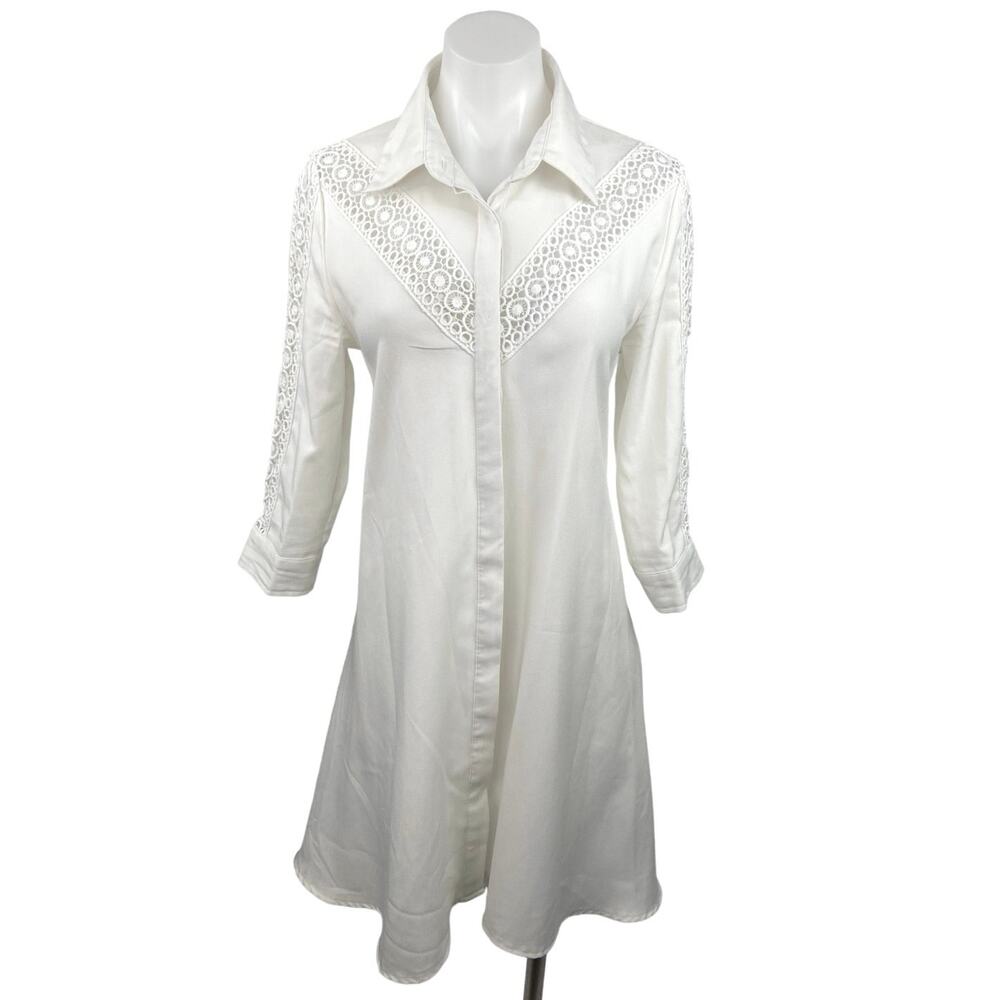 Glamorous White Button Down Lace Crochet Trim 3/4 Sleeve Midi Shirt Dress Sz 12